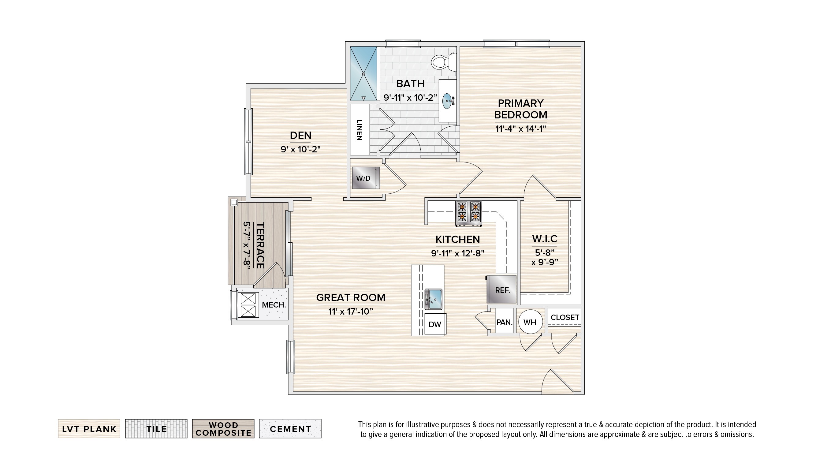 The Auburn garden apartment floor plan with 1 bedroom, 1 bath and a terrace,,,,,,,,,,,,,